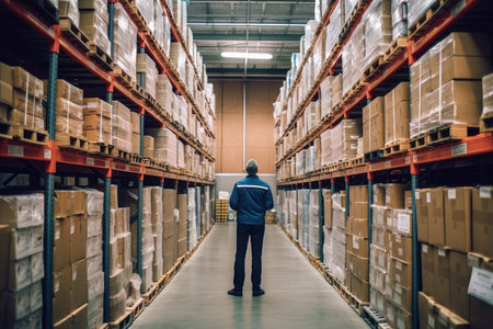 The expertise and supervision of a warehouse manager with a back view shot of a specialist working inside a storage facility. Generative AIの素材