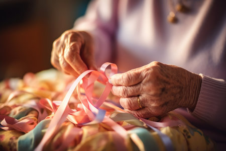 An intimate close - up shot of a grandmother's hands tying a birthday ribbon on a gift. Generative AIの素材