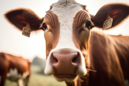 Close - up view of a cow grazing peacefully in a green pasture. Generative AIの素材