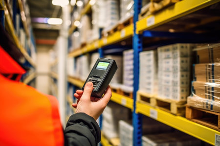 The efficiency and technology of a smart warehouse with a close - up shot of a manager using a digital tablet. Generative AIの素材
