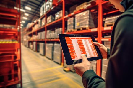 The efficiency and technology of a smart warehouse with a close - up shot of a manager using a digital tablet. Generative AIの素材