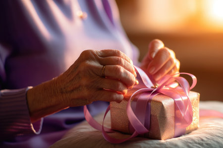 An intimate close - up shot of a grandmother's hands tying a birthday ribbon on a gift. Generative AIの素材