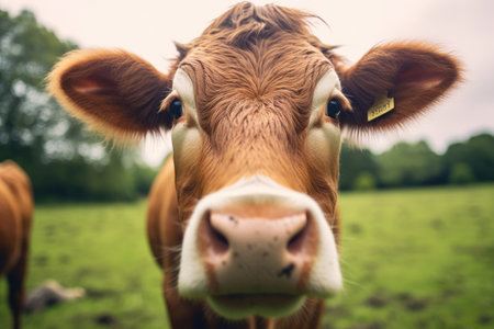 Close - up view of a cow grazing peacefully in a green pasture. Generative AIの素材