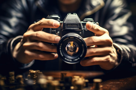 Close - up view of a professional photographer's hands, showcasing the intricate controls and settings of a camera. Generative AIの素材