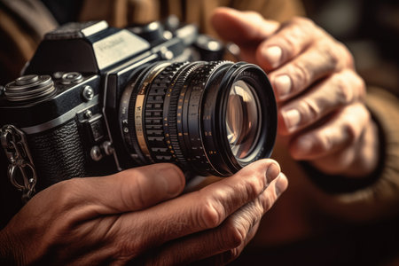 Close - up view of a professional photographer's hands, showcasing the intricate controls and settings of a camera. Generative AIの素材