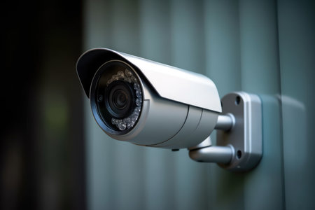 A close - up photo of a modern CCTV security camera mounted on the exterior wall of a private home. Generative AIの素材