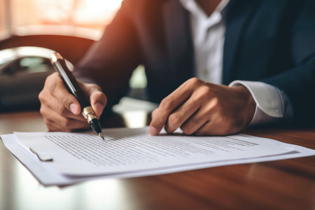 The concept of transportation finance and cost management with a close - up shot of a young man signing car insurance or rental documents. Generative AIの素材