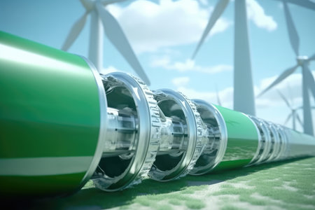 The concept of green hydrogen production with a close - up shot of a hydrogen pipeline in the foreground and wind turbines in the background. Generative AIの素材