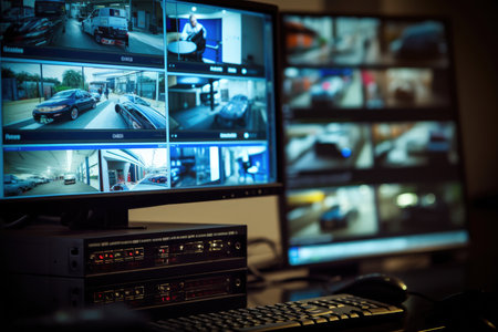 A close - up photo of a CCTV camera monitor displaying live footage from multiple security cameras around a private home. Generative AIの素材