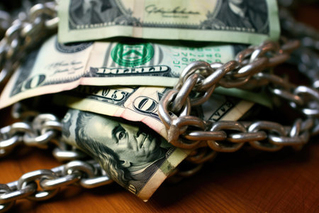 A close - up photograph symbolizing the global financial crisis. The image focuses on a stack of crumpled dollar bills, symbolizing the devaluation of currency. Generative AIの素材