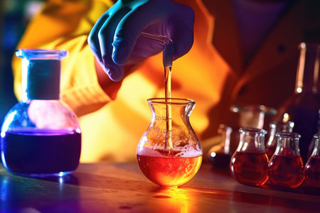 A close - up photo of a scientist's hand, clad in a lab coat and gloves, gripping a flask containing a chemical solution. Generative AIの素材