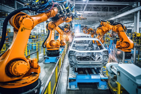 A close - up photo of a state - of - the - art assembly line in a car factory, showcasing the integration of automated robot arms and human workers. Generative AIの素材