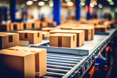 E - commerce fulfillment center by photographing a close - up of multiple cardboard box packages on a conveyor belt. Generative AIの素材