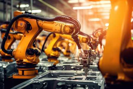 A close - up photo of a state - of - the - art assembly line in a car factory, showcasing the integration of automated robot arms and human workers. Generative AIの素材