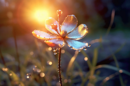 A close - up shot of a wildflower in bloom, glistening with dew in the morning light. Generative AIの素材
