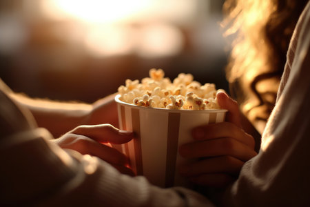 A candid close - up shot of a couple sharing a tender moment during a romantic film. Intertwined hands resting on a shared popcorn tub. Generative AIの素材