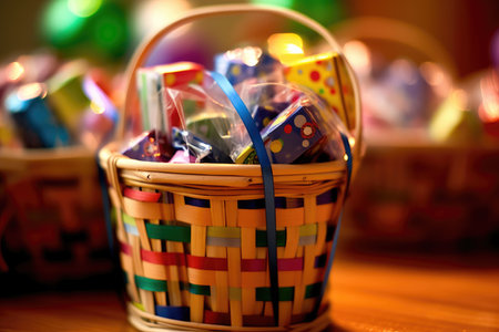 A close - up of birthday party favors in a basket. Generative AIの素材