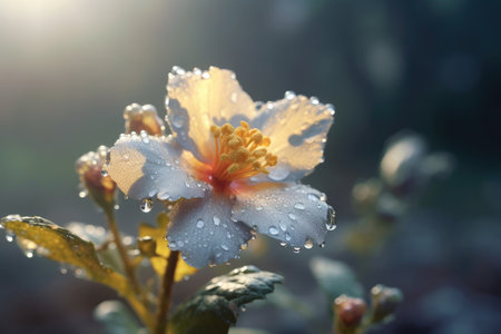 A close - up shot of a wildflower in bloom, glistening with dew in the morning light. Generative AIの素材