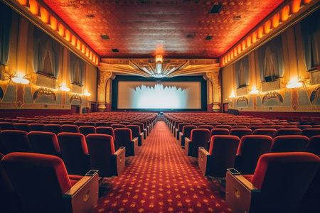 An atmospheric setting of an old - fashioned movie theater. The dimly lit auditorium, adorned with velvet drapes. Generative AIの素材