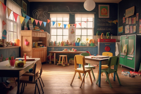An adorable and atmospheric setting of a kindergarten classroom. Generative AIの素材