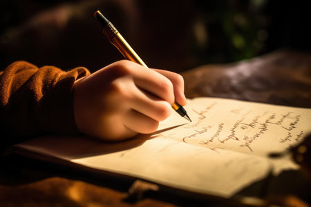 A close - up shot a child's handwriting the first letter in a new notebook. Generative AIの素材