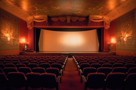 An atmospheric setting of an old - fashioned movie theater. The dimly lit auditorium, adorned with velvet drapes. Generative AIの素材