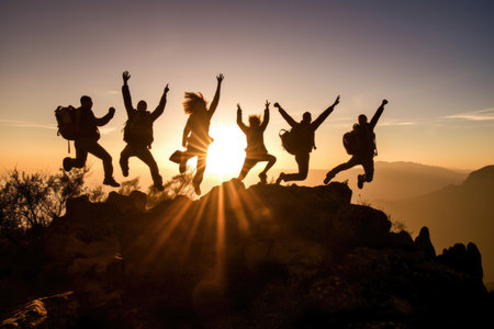 A dynamic shot of hikers at the peak of a mountain, their arms thrown up in joy. Generative AIの素材