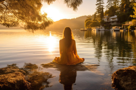 In this serene waterfront landscape, the tranquility of a woman immersed in the beauty of nature. Generative AIの素材