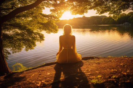 In this serene waterfront landscape, the tranquility of a woman immersed in the beauty of nature. Generative AIの素材
