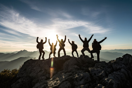 A dynamic shot of hikers at the peak of a mountain, their arms thrown up in joy. Generative AIの素材
