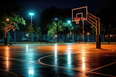 Empty urban outdoor basketball court at night with a wide - angle view. Generative AIの素材