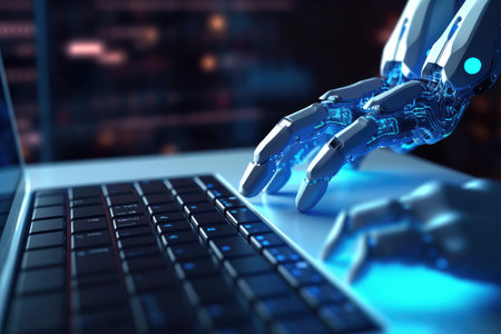 Close-up photo. A futuristic robot in typing with a laptop. Generative AIの素材