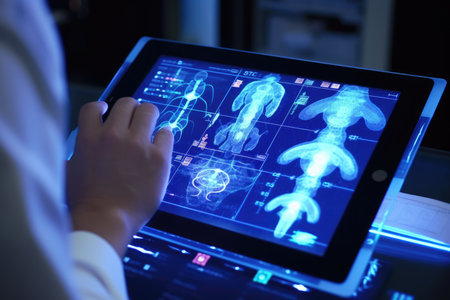 A detailed close - up photograph of a medicine doctor's hand interacting with an electronic medical record displayed on a tablet. Generative AIの素材