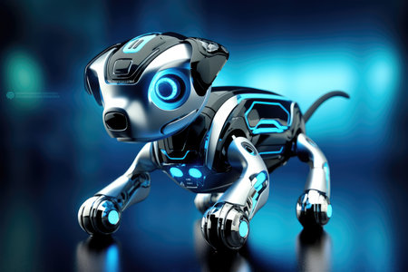 Close-up shot. A futuristic robot dog, combining advanced technology with a sleek design. Generative AIの素材