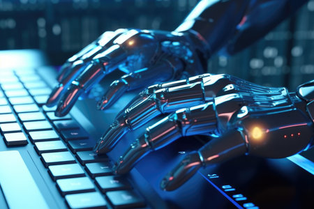 Close-up photo. A futuristic robot in typing with a laptop. Generative AIの素材