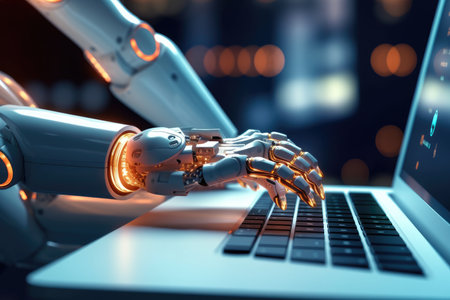 Close-up photo. A futuristic robot in typing with a laptop. Generative AIの素材