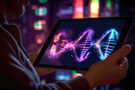 A detailed close - up photograph of a medicine doctor's hand interacting with an electronic medical record displayed on a tablet. Generative AIの素材