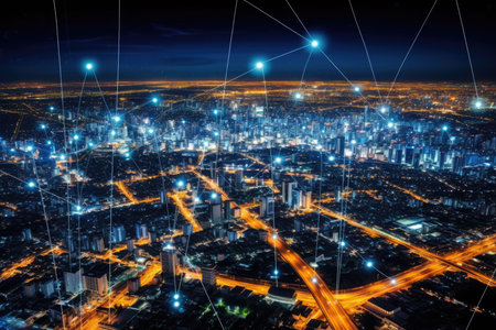 Close-up photo of night cityscape symbolizing fast network and connection technology. Generative AIの素材