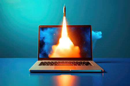 A rocket emerging from a laptop screen in front of a vibrant blue background. Generative AIの素材