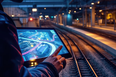 A close - up shot of an engineer using a tablet to check and analyze the data systems of a track on the railway network. Generative AIの素材