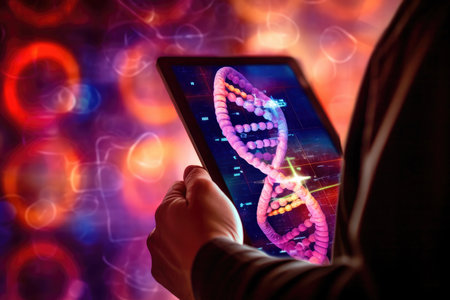A detailed close - up photograph of a medicine doctor's hand interacting with an electronic medical record displayed on a tablet. Generative AIの素材