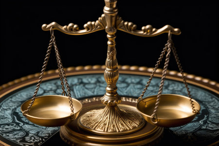 Close - up shot focuses on the scales of justice, symbolizing the impartiality and equilibrium in the legal system. Generative AIの素材