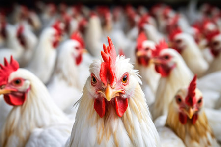 The spacious and well - organized environment of a modern chicken farm with a close - up shot of a chicken house. Generative AIの素材
