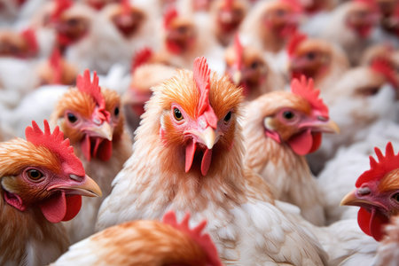 The spacious and well - organized environment of a modern chicken farm with a close - up shot of a chicken house. Generative AIの素材