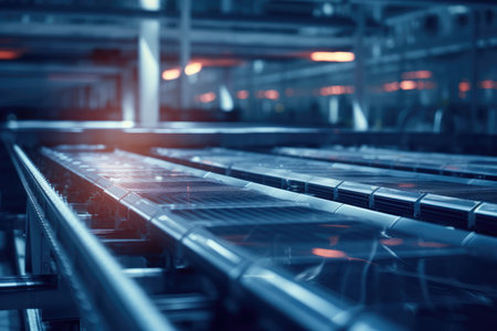 Automated manufacturing facility with a shot of the conveyor belt carrying solar panels. Generative AIの素材