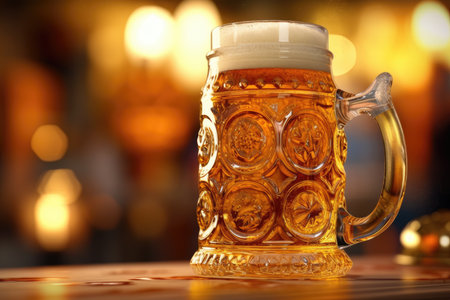 A close - up photo of a traditional Oktoberfest beer stein filled with frothy beer. Generative AIの素材
