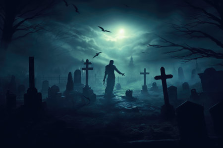 A close - up photograph depicting a spooky Halloween scene in a dark, moonlit graveyard. Generative AIの素材