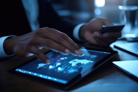 A close - up photo that visually represents a businessman using a tablet to analyze sales data and economic growth graph chart. Generative AIの素材
