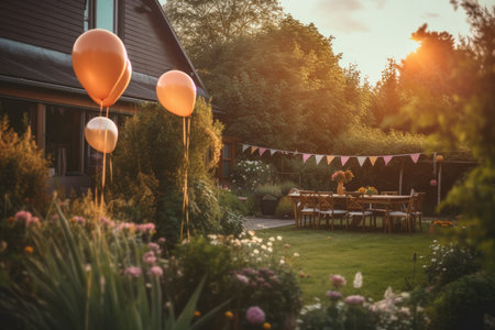 Atmospheric shot of a garden birthday party at sunset. Generative AIの素材