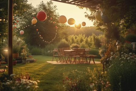 Atmospheric shot of a garden birthday party at sunset. Generative AIの素材